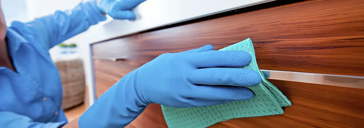 Cleaner wearing blue gloves wiping a wooden cabinet drawer with a microfiber cloth for dust and grime removal, Des Moines, IA.
